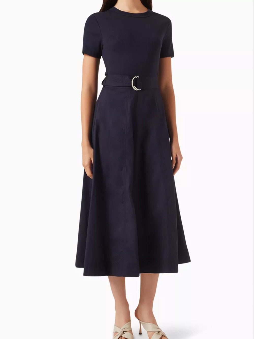 VERONICA BEARD Facia Navy Short Sleeve Belted Midi Dress Size L Like New